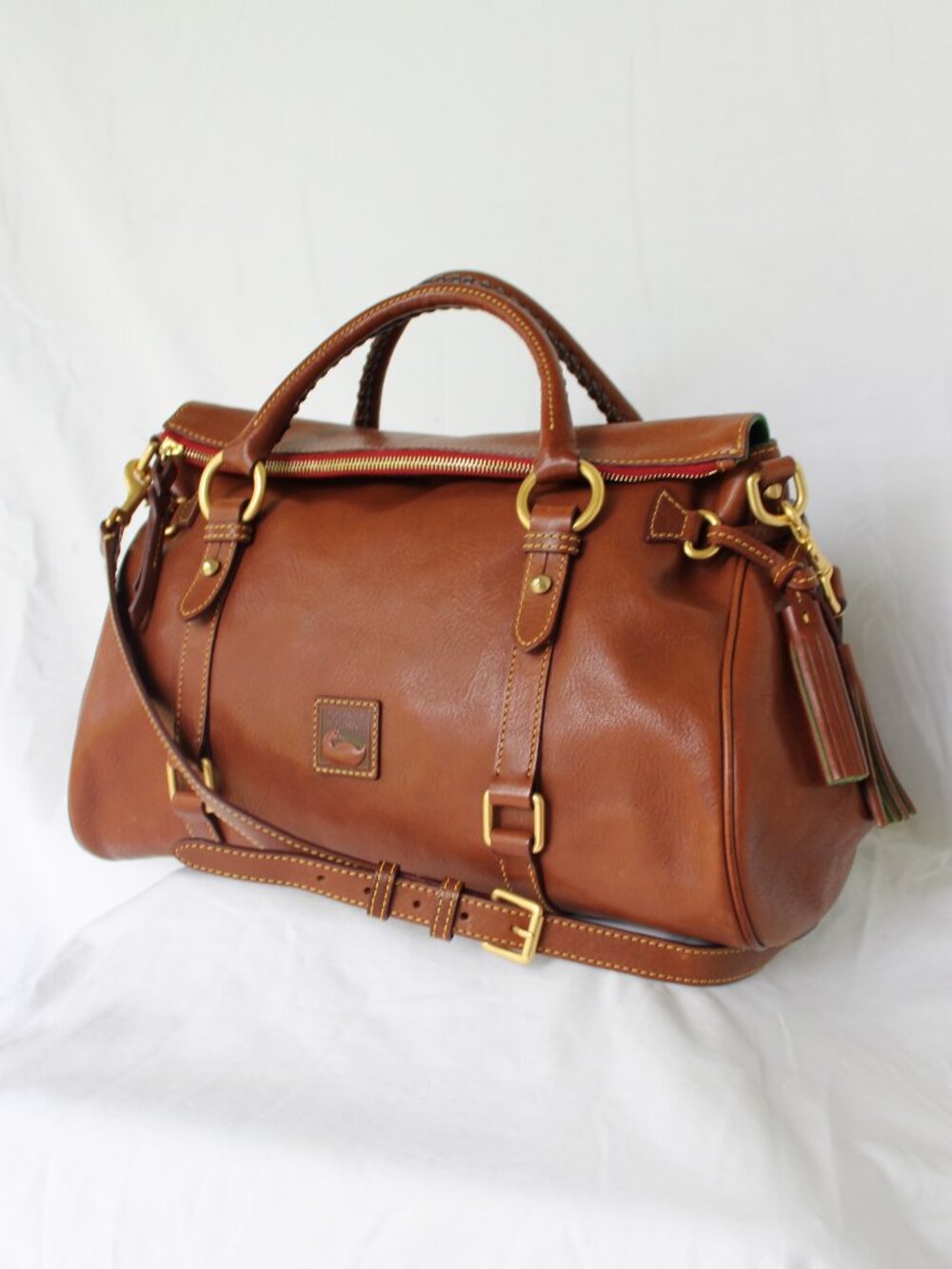 Dooney & Bourke Natural tan leather Florentine satchel tassel purse crossbody L - Picture 4 of 11